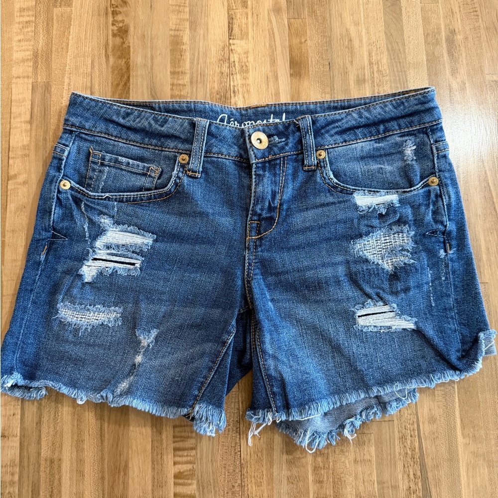 Aeropostale Women's Blue Distressed Midi Denim Shorts